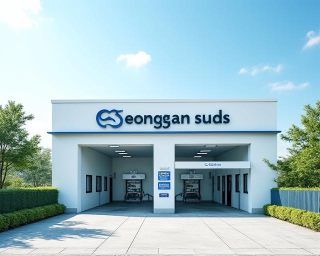 The modern and clean entrance of the Seongsan Suds car wash facility.