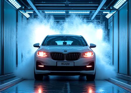 A car going through the automated car wash tunnel.