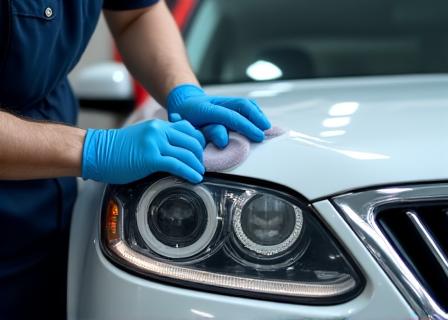 A detailing expert polishing a car's headlamp.