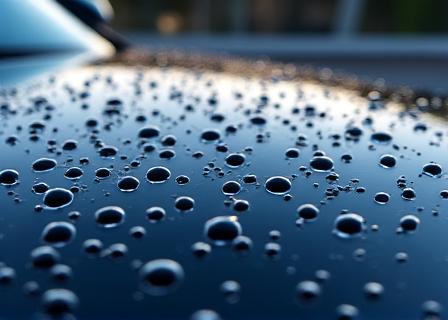 Water beading on a car hood after volcanic mineral treatment.
